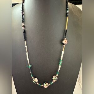 Handcrafted cloisonné and glass bead necklace black gold white green